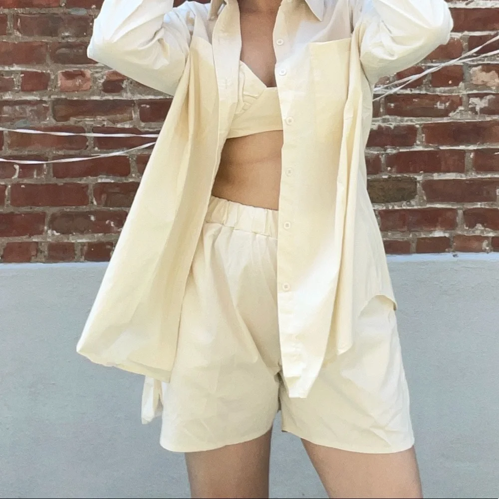 NEW 3pcs set beige womens shirt top shorts button down M;L casual - Picture 3 of 16